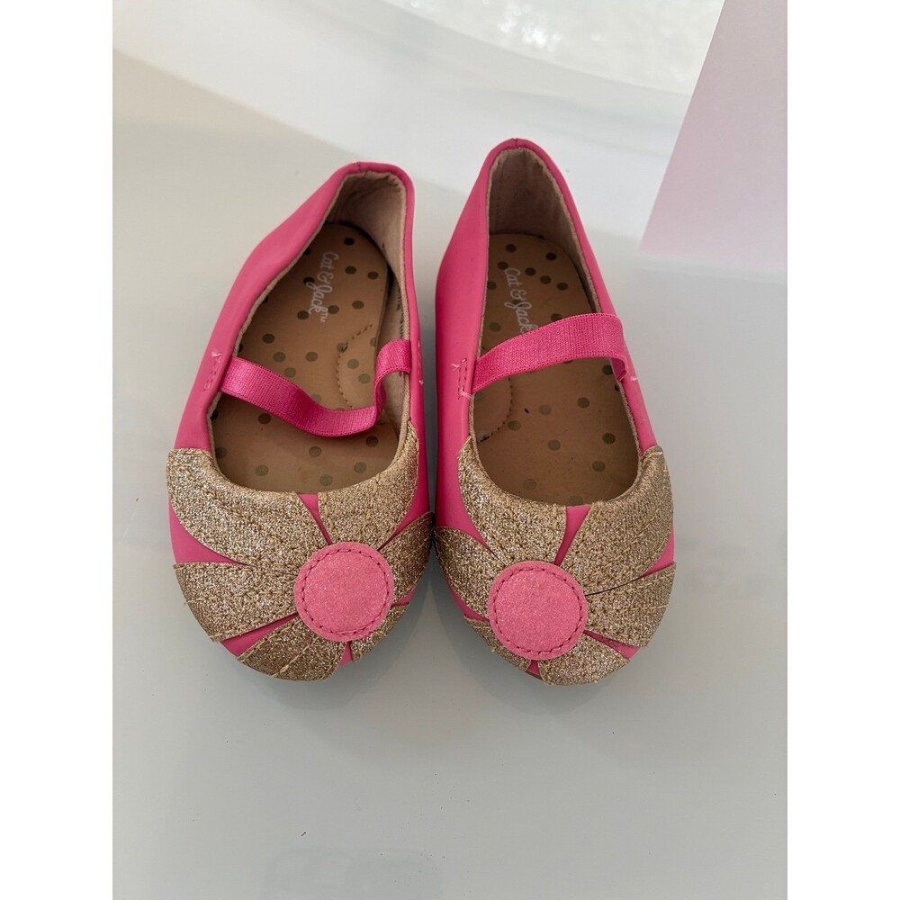 Cat & Jack Girls Pink & Gold Glitter Bow Ballet Flats – Size 6